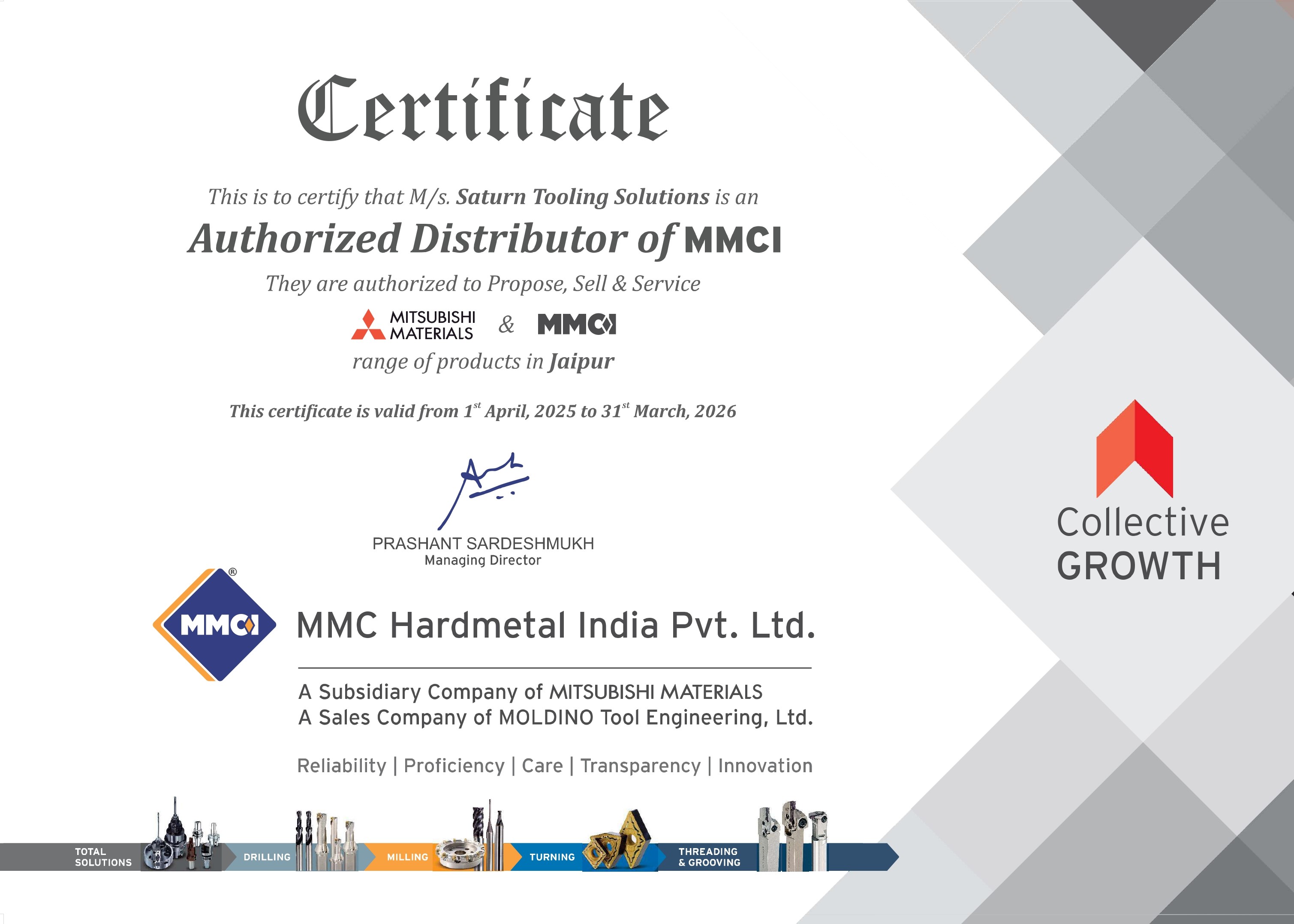 Saturn Tooling certificate